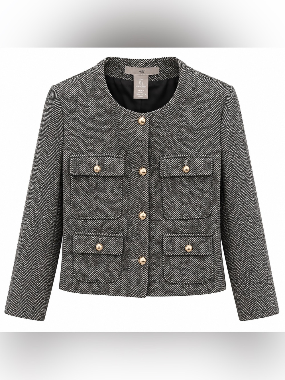 H&M Womens L Gray Herringbone Wool Blend Cropped Blazer Gold Button Tweed Jacket